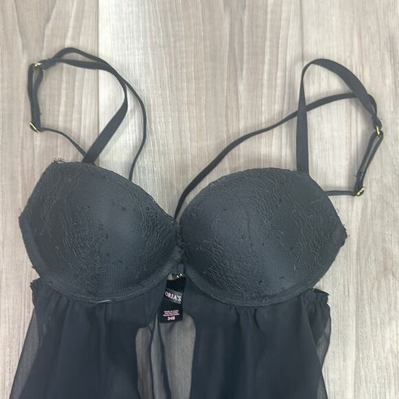 Victoria’s Secret black lace sheer mesh slip lingerie slip plus panty - Picture 5 of 7